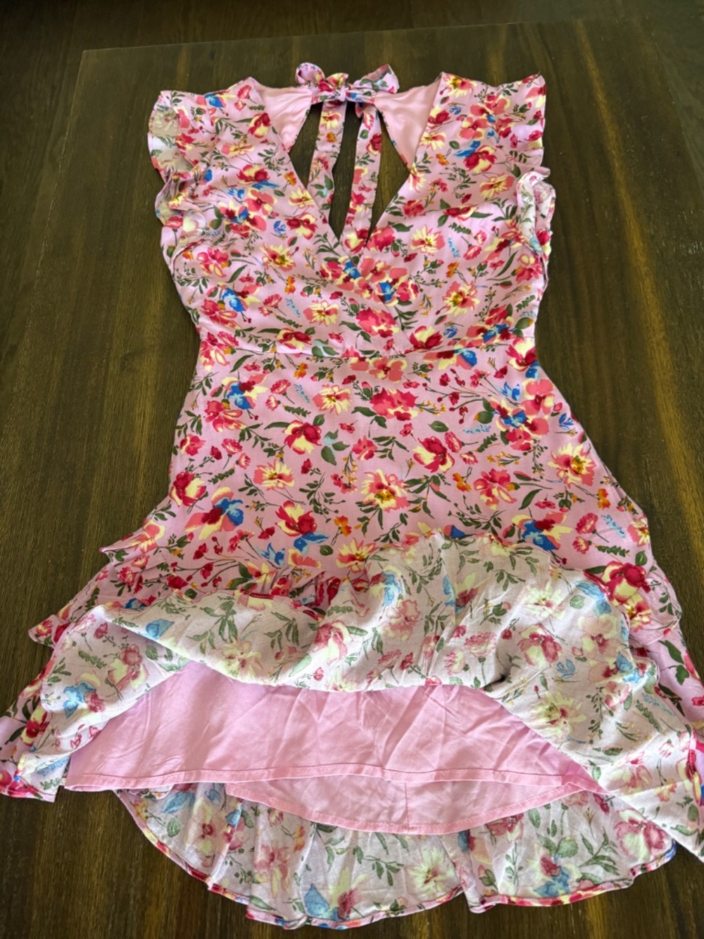 Hello Molly NWT Pink Floral Ruffle Mini Dress Open Back Tie Flutter Sleeve US 4 - Picture 10 of 16